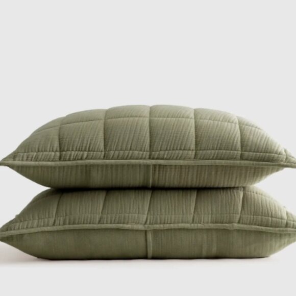 NWOT QUINCE Organic Airy Gauze Box Quilt Sham Set of 2 Standard Olive 5⭐⭐⭐⭐⭐ - Picture 3 of 8